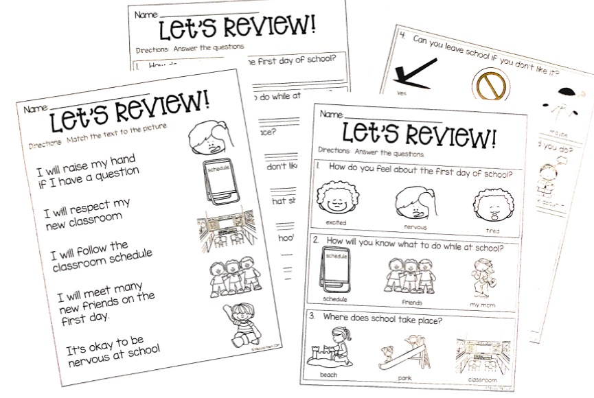 first day of school review worksheets