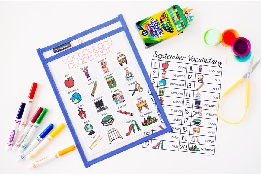 Vocabulary placemat and September vocabulary word list