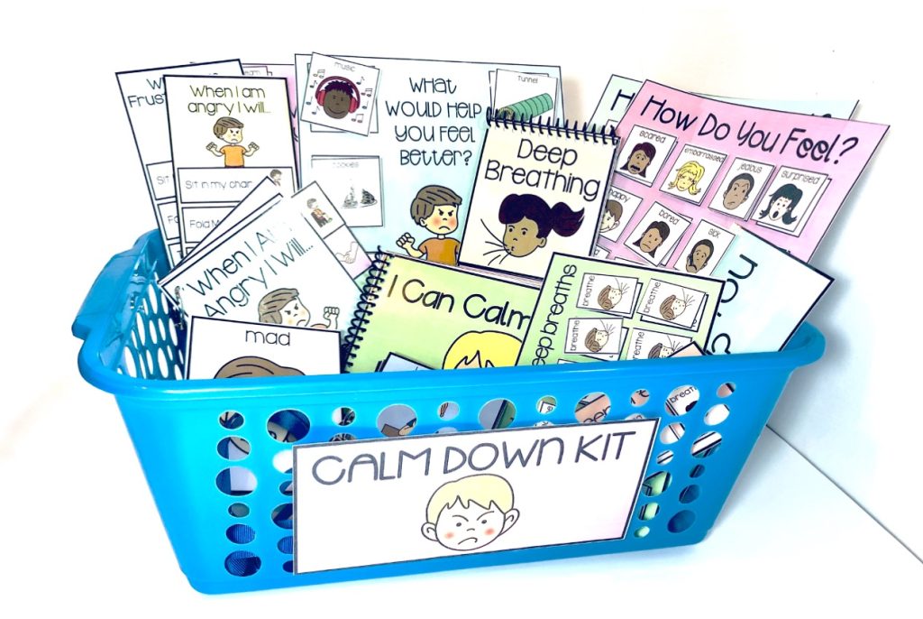 calm down kit which is a box full of visuals for students in distress to help with coping