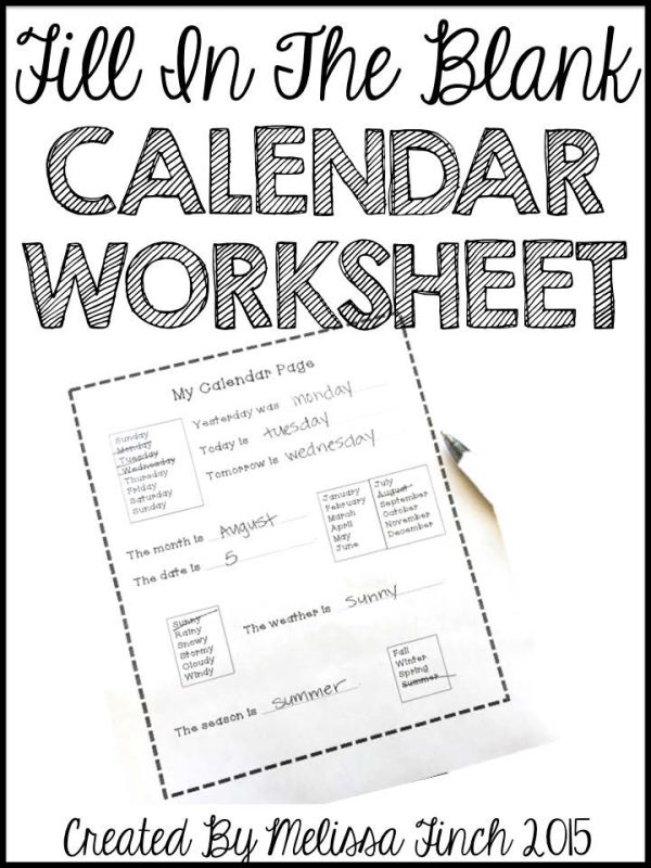 Daily Calendar Worksheet- Fill in the Blank